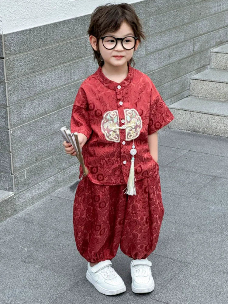 Summer Short Sleeve 2 Piece Set Boys Costume Kids Clothes Casual Boy Outfit Tang Style Hanfu Suit Baby Fashion Children's Sets