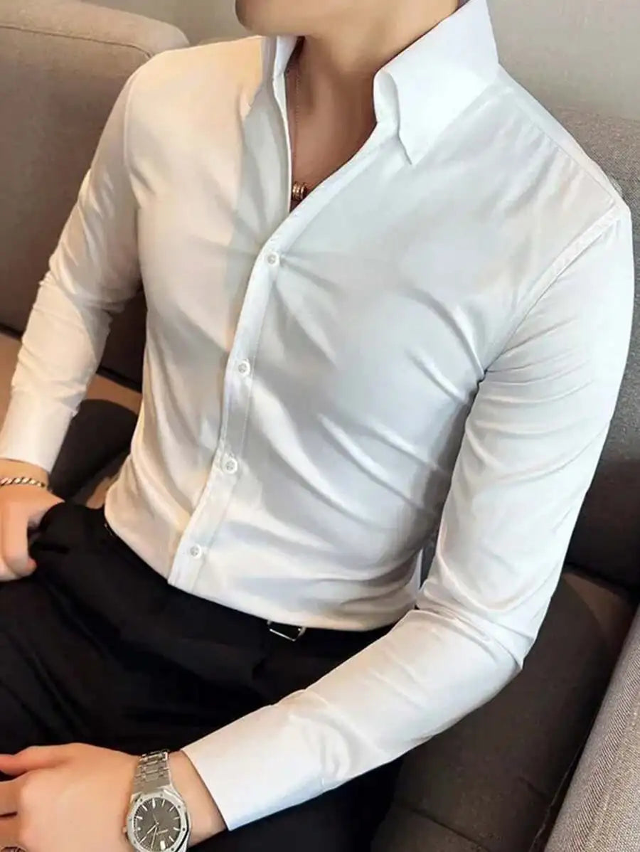 Men's Solid White Long Sleeve Single-Breasted Casual Commuter Shirt