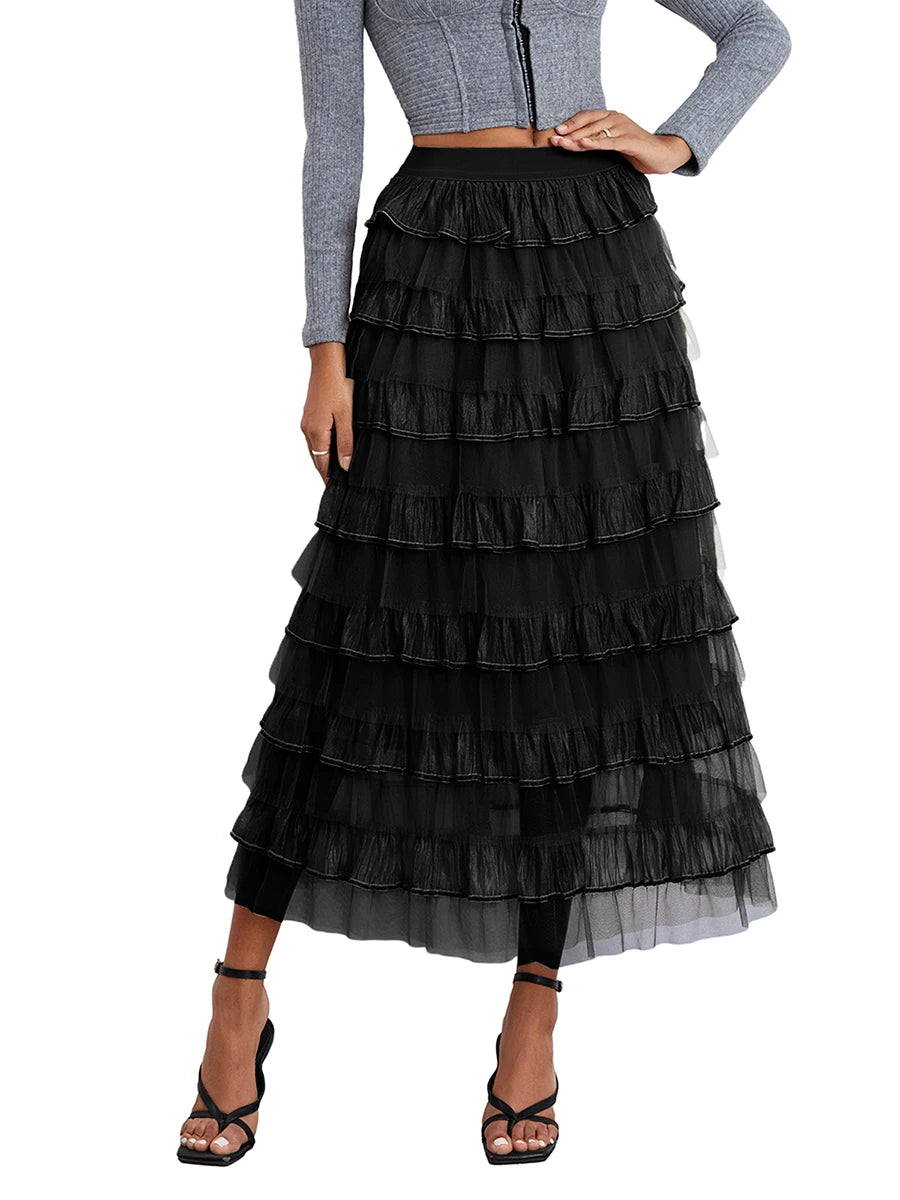 Women s Elegant Tulle Long Skirt Sweet Puffy Fluffy Layered A-Line Tutu Cake Skirts for Bride