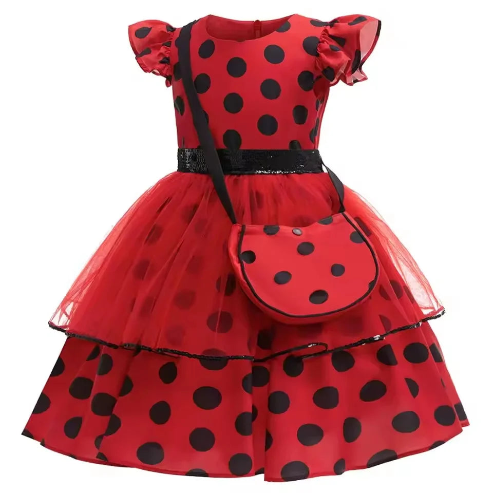 Fashion Polka Dot Red Dress Girls Cosplay Costumes with Bag Gloves Earrings for Carnival Kids Party Dresses Birthday Dress Gown