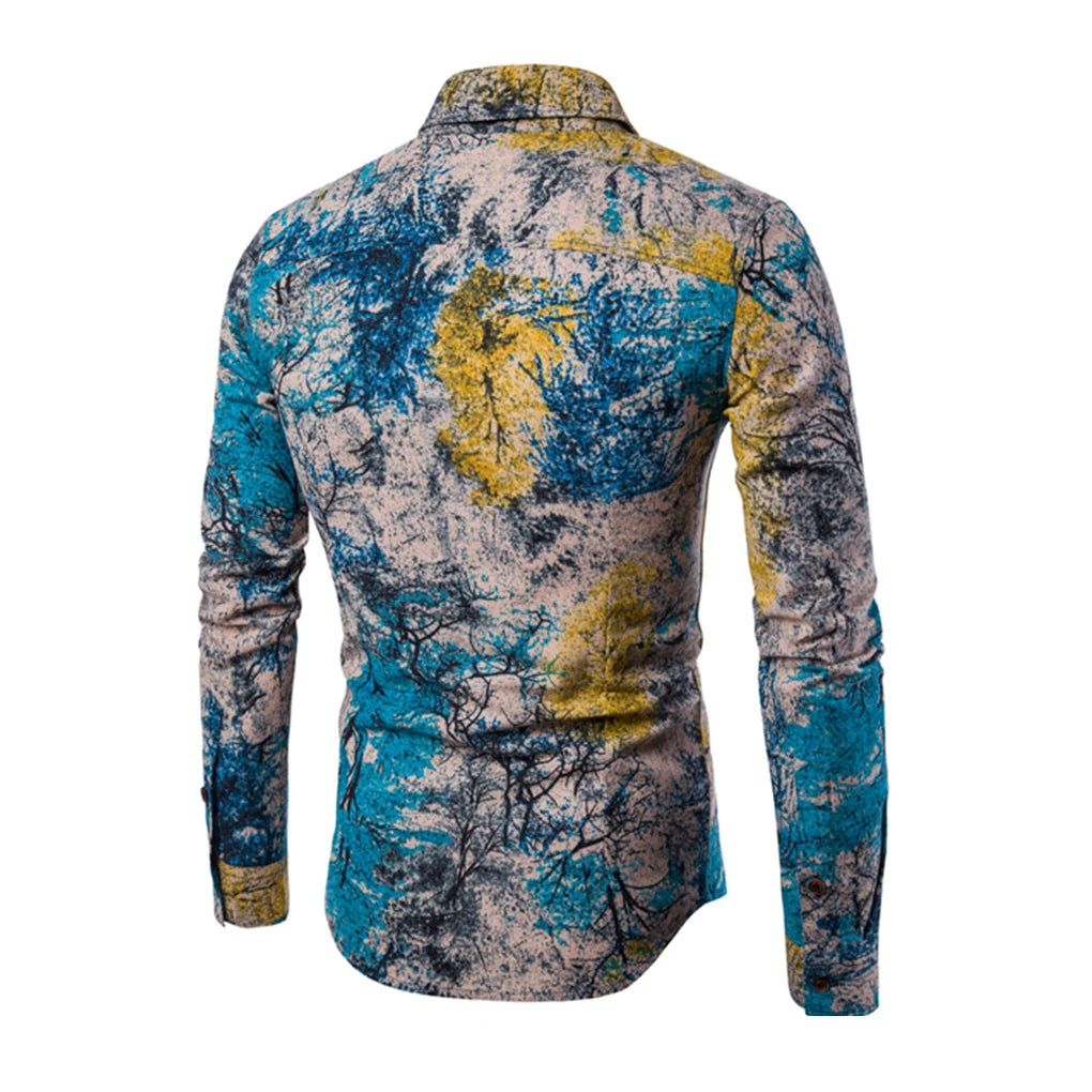 Plus Size Men Floral Print Casual Slim Fit Shirt Turn-down Collar Long Sleeve Shirt