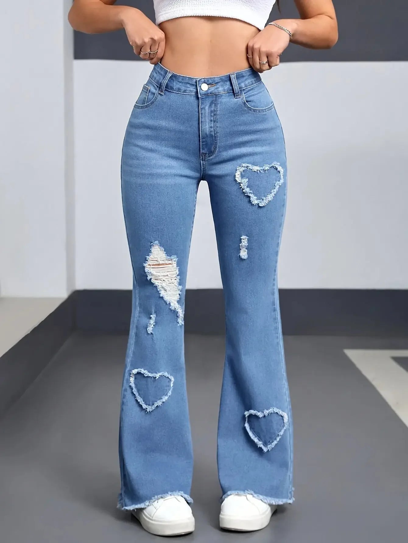 Y2K Blue Stretchy Heart Shaped Flared Jeans High Waist Retro Fashion Trendy Elastic Trousers for Women