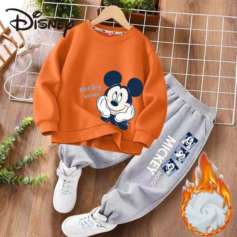 Winter Baby Girl Clothes Set Kid Boy Disney Mickey Sweatshirts Pullover & Pants 2pcs Suit Children Long Sleeve Plush Warm Suit