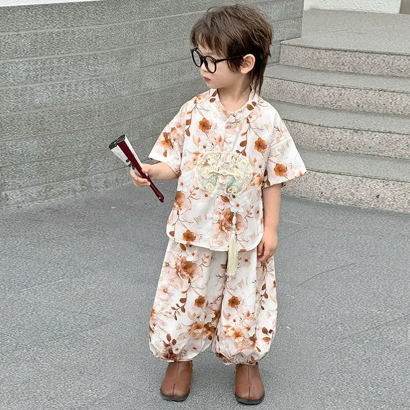 Summer Short Sleeve 2 Piece Set Boys Costume Kids Clothes Casual Boy Outfit Tang Style Hanfu Suit Baby Fashion Children's Sets