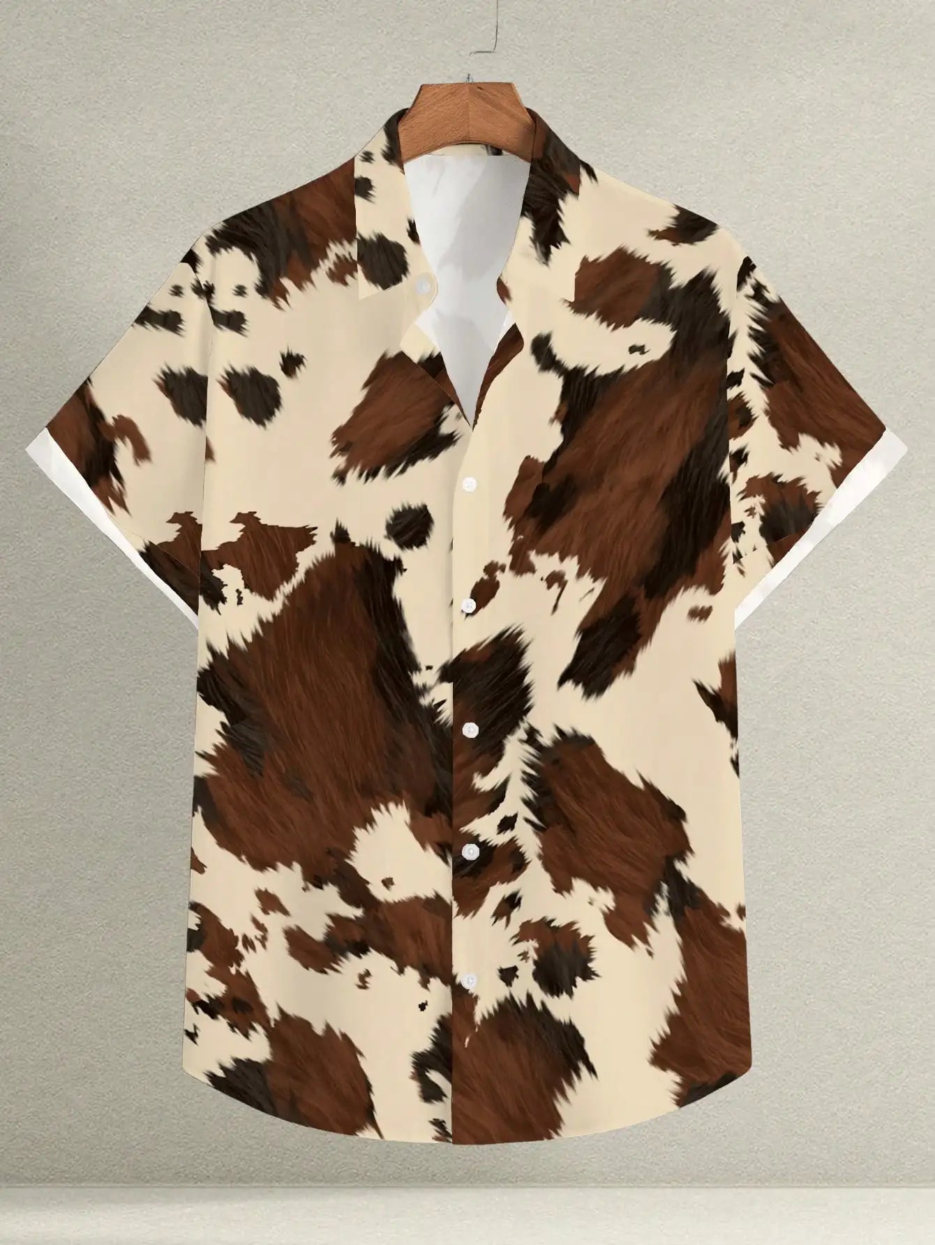 Men's Casual Western-Style Cow Print Button-Front Short Sleeve Shirt for Summer