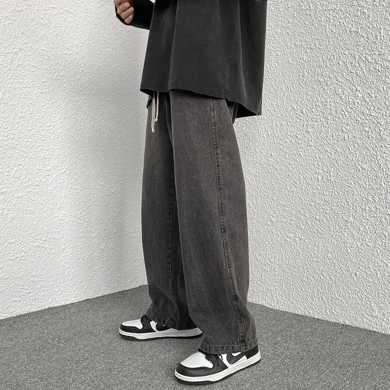 Oversized 5XL Men's Wide-leg Jeans Autumn New Casual Simple Straight Denim Trousers Black Gray Fashion Baggy Streetwear Pants