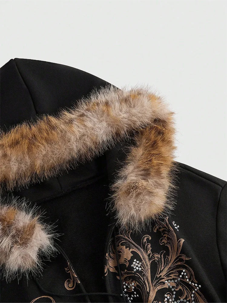 Winter Warm Gothic Print Hoodie Women's Faux Fur Crop Top Zip-Up Sweatshirt Fashion Y2K Streetwear Hooded Jacket 2026 New