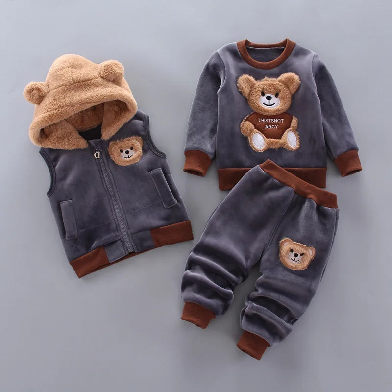 Baby Boys Sets Autumn Winter Thick Fleece Cartoon Bear Hooded Vest Coat Pants 3Pcs for Kids Casual Outfits Girls Warm Suit 0-5Y