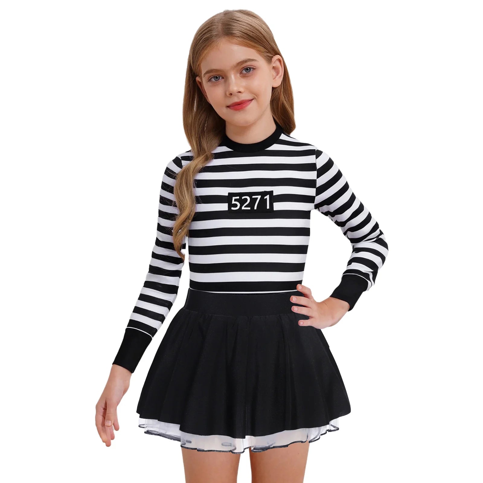 Kids Girls Prisoner Cosplay Costume Prison Jailbird Convict Uniform Long Sleeve Ruffled Striped Dress Halloween Party Dress Up