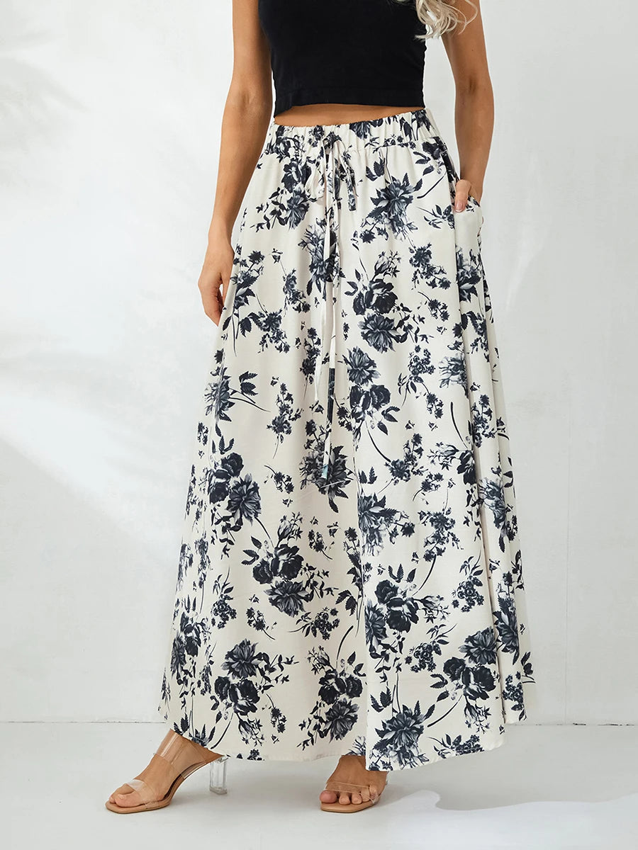 Women Long Skirt Elegant High Waisted Skirt Solid Flower Print Summer Swing Skirt