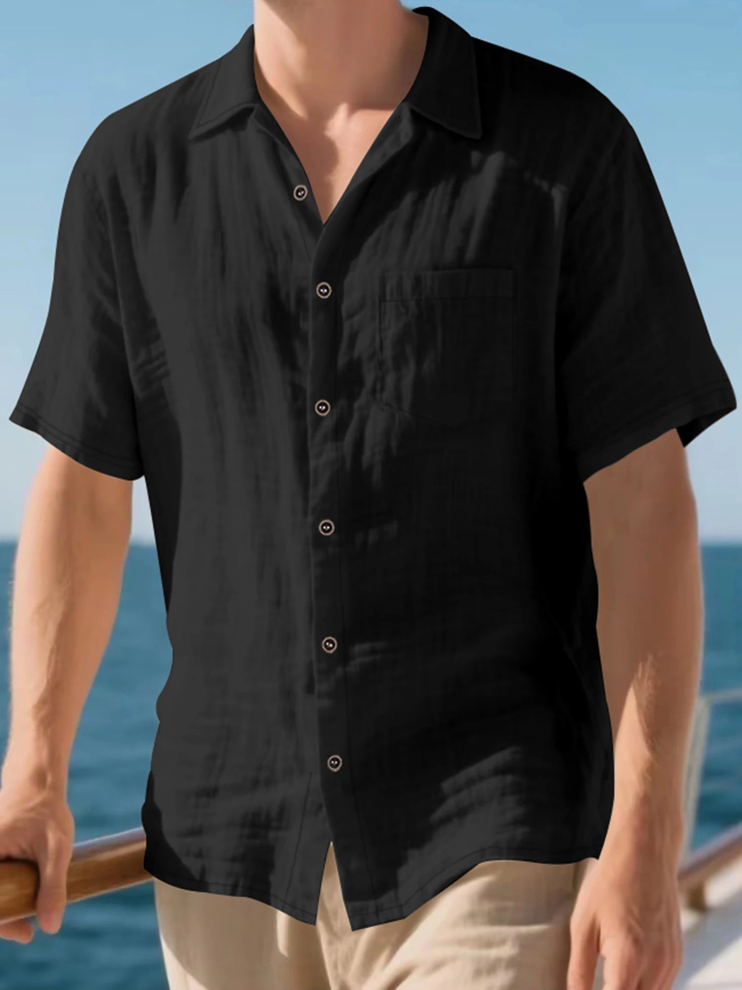 Men s Lightweight Linen Short Sleeve Button-Down Shirt Casual Solid Color Breathable Summer Tops Loose Fit Lapel Collar