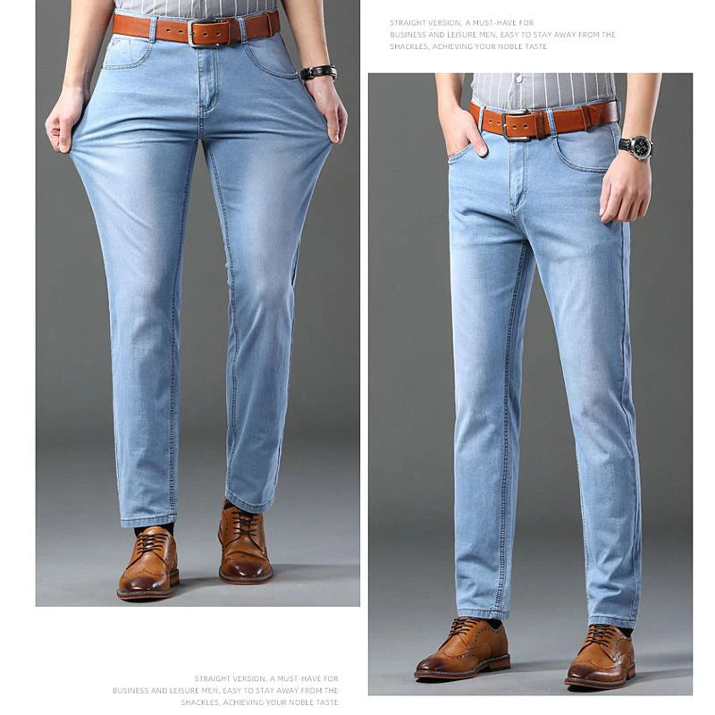 Men's Thin Jeans 2025 Summer New Style Business Casual Slim Fit Elastic Classic Style Trousers Sky Blue Pants Male size 28-40
