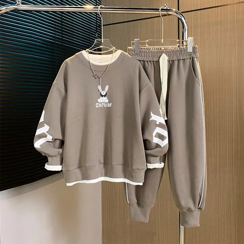 Kids 2 Piece Tracksuit 120-170cm Fake Two Piece Rabbit Print Sweatshirt + Elastic Jogger Pants Casual Loose Sportswear Set Boys