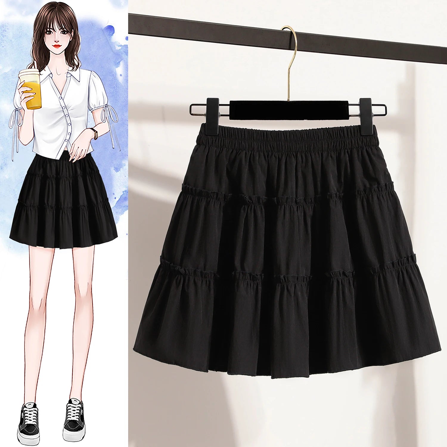 Plus Size Mini Skirt Women Summer 2025 New Arrival High Elastic Waist A Line Skirt With Lining Korean Style Black Or White Skirt