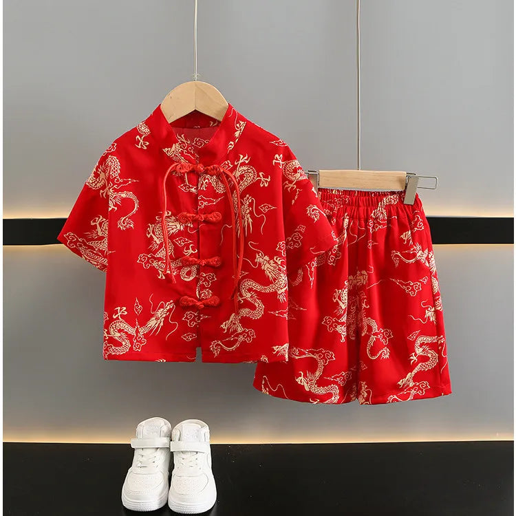 Summer Short Sleeve 2 Piece Set Boys Costume Kids Clothes Casual Boy Outfit Tang Style Hanfu Suit Baby Fashion Children's Sets
