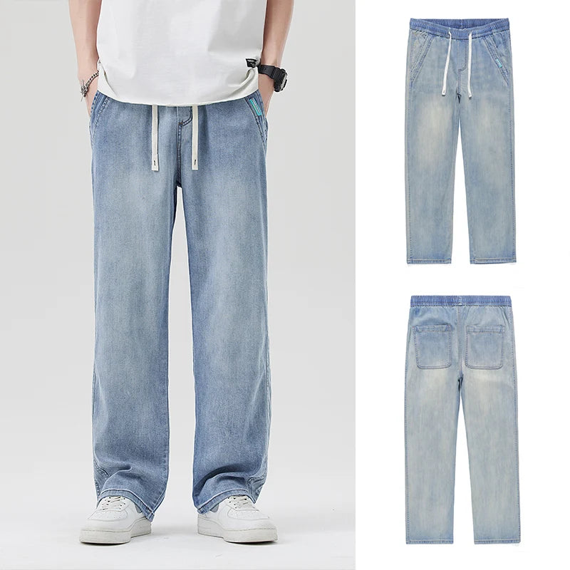 High Quality Spring Summer Lyocell Fabric Men's Jeans Loose Straight Denim Pants Design Blue Casual Trousers Plus Size M-5XL