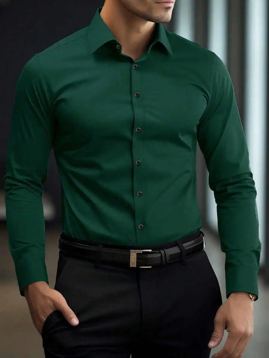 Men's Solid White Long Sleeve Single-Breasted Casual Commuter Shirt
