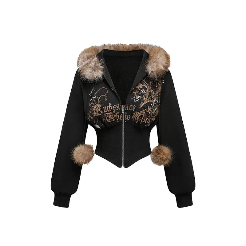 Winter Warm Gothic Print Hoodie Women's Faux Fur Crop Top Zip-Up Sweatshirt Fashion Y2K Streetwear Hooded Jacket 2026 New