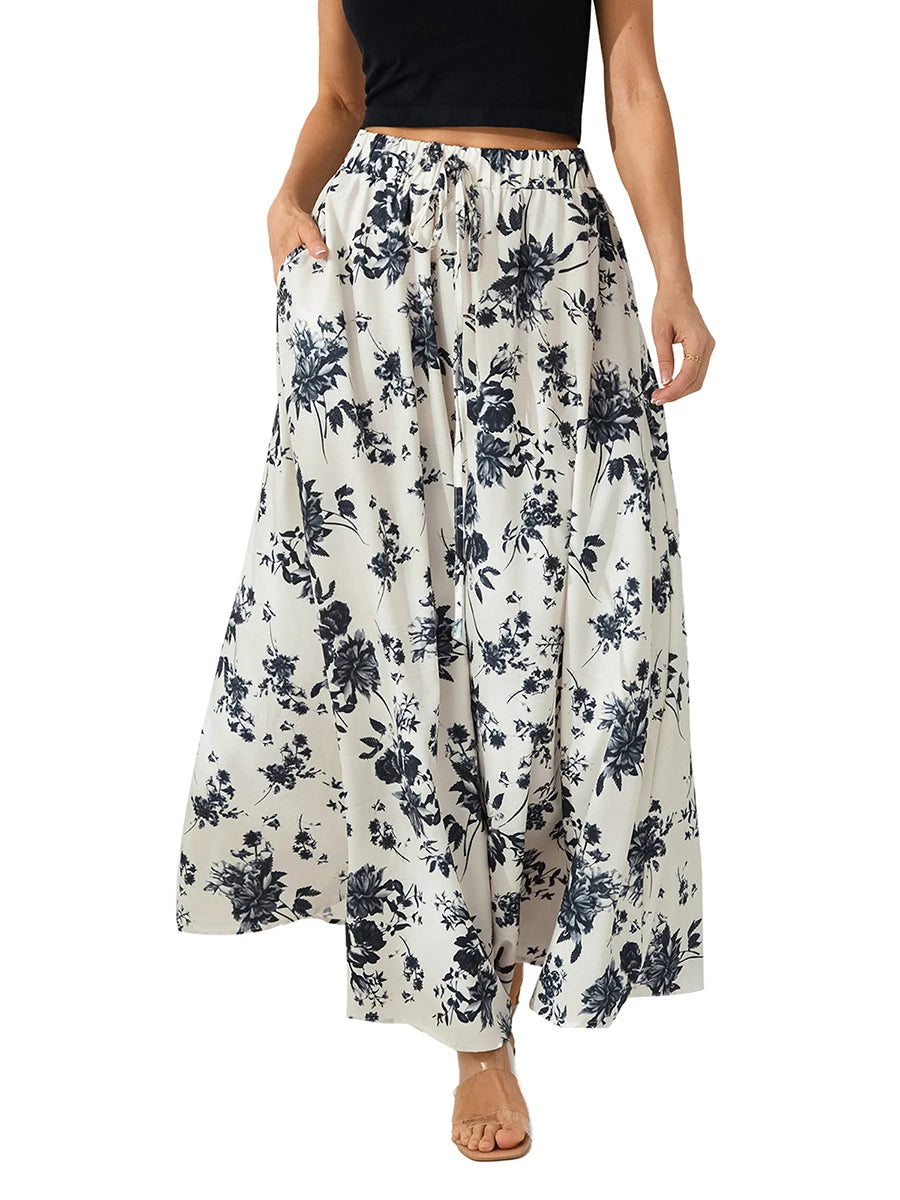 Women Long Skirt Elegant High Waisted Skirt Solid Flower Print Summer Swing Skirt