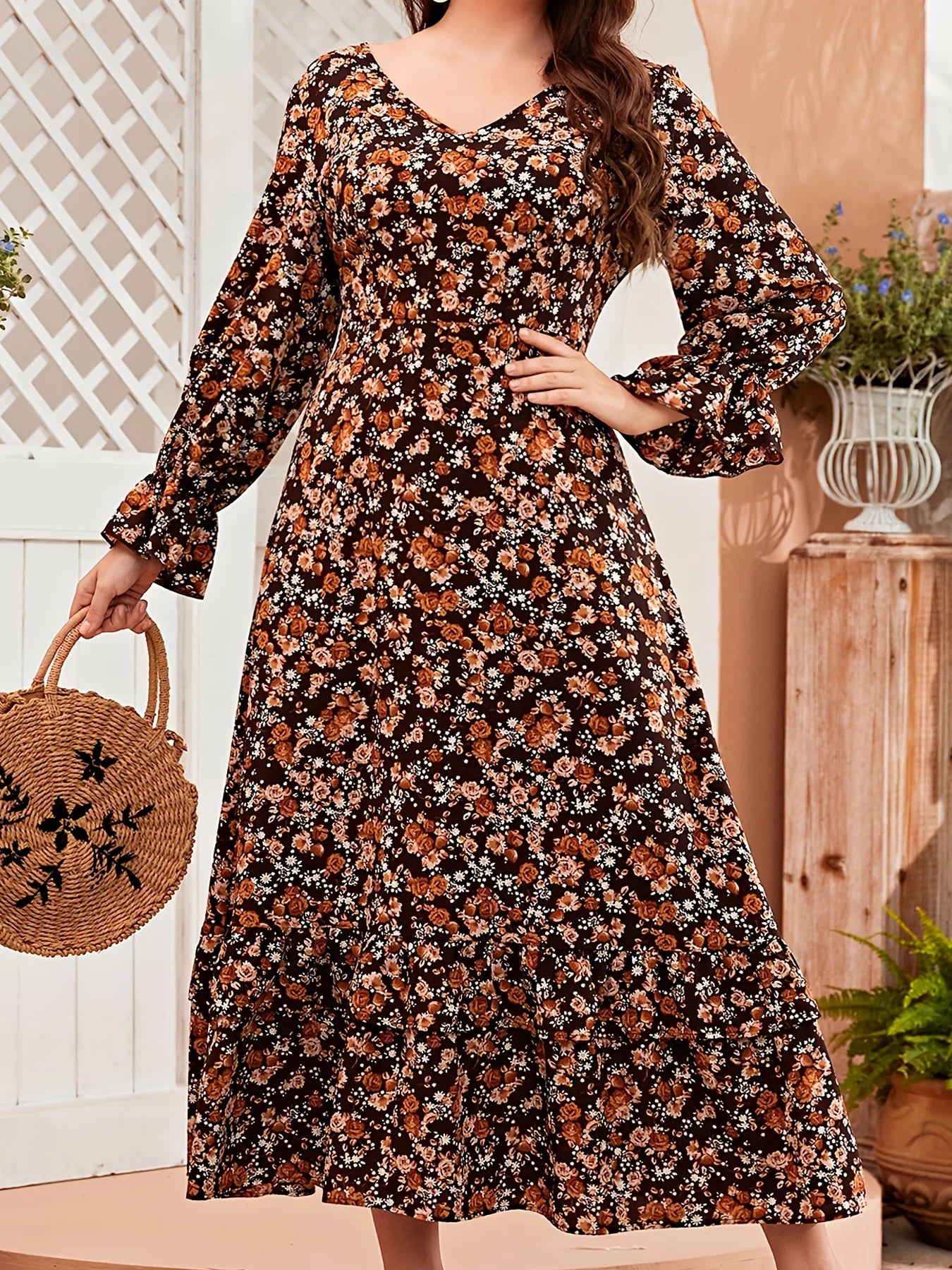 Plus Size Women's Clothing European and American Style Plus Size Fashion Elastic Waist Small Floral Print Dress