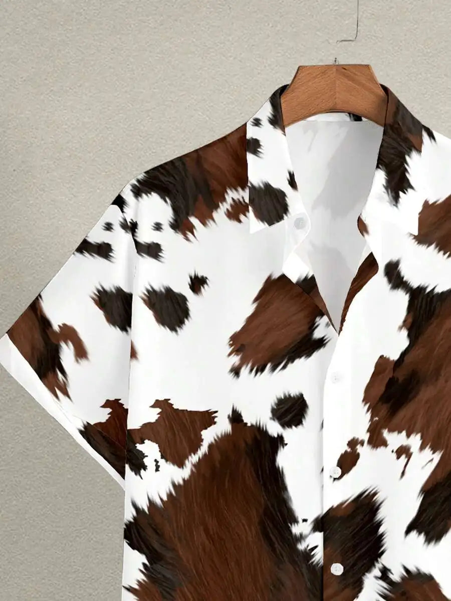 Men's Casual Western-Style Cow Print Button-Front Short Sleeve Shirt for Summer