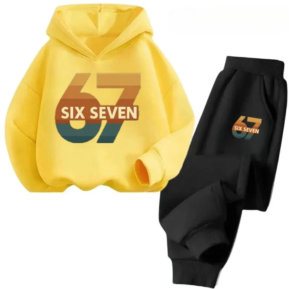 New 67 pattern printed hooded sweatshirt with sweatpants for autumn and winter, comfortable and loose 2-piece set for children