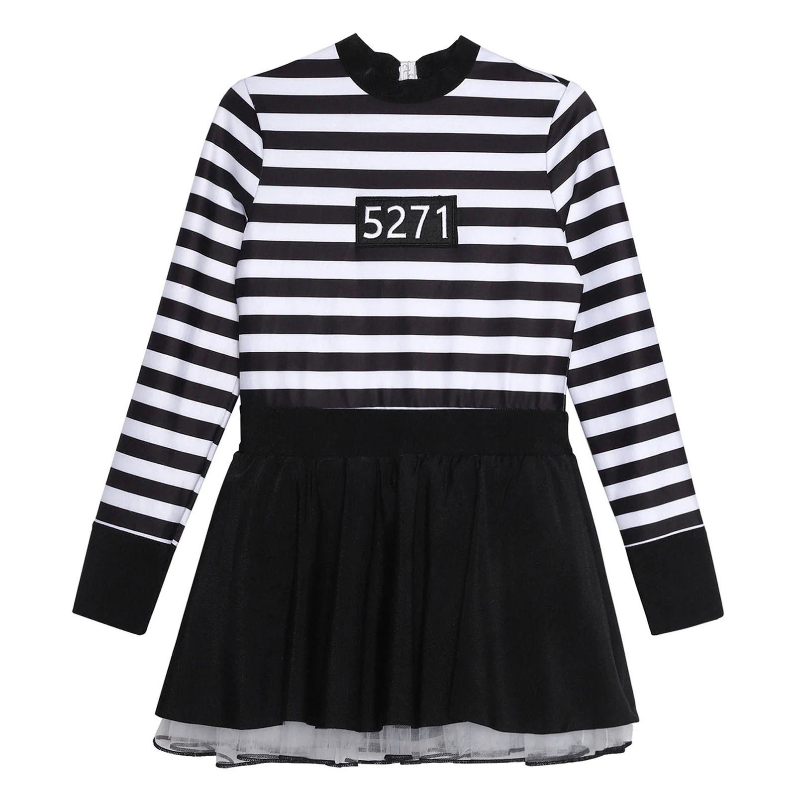 Kids Girls Prisoner Cosplay Costume Prison Jailbird Convict Uniform Long Sleeve Ruffled Striped Dress Halloween Party Dress Up