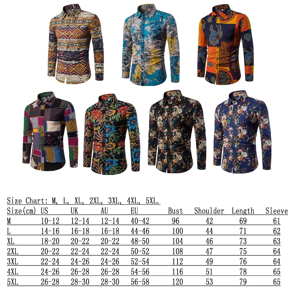 Plus Size Men Floral Print Casual Slim Fit Shirt Turn-down Collar Long Sleeve Shirt