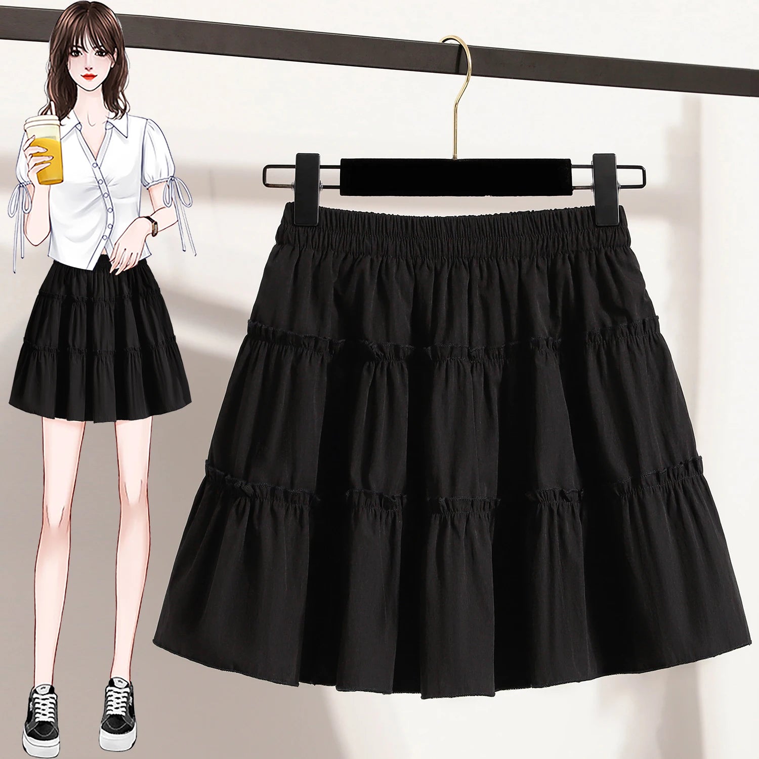 Plus Size Mini Skirt Women Summer 2025 New Arrival High Elastic Waist A Line Skirt With Lining Korean Style Black Or White Skirt