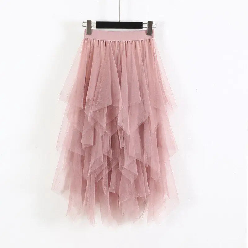 Irregular Mesh Splicing Half Skirt High Waist Mid Length Fairy Skirt, Sweet Versatile Over The Knee Long Skirt For Women