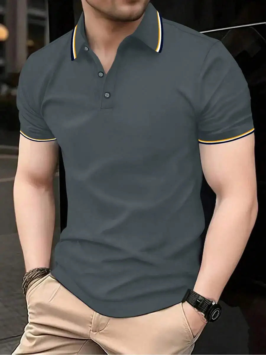 Men's Navy Blue Short Sleeve Casual Polo Shirt with Contrast Trim