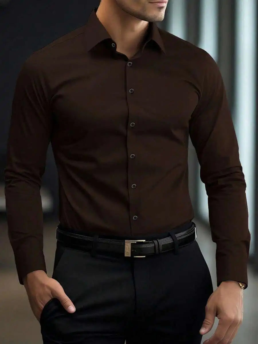 Men's Solid White Long Sleeve Single-Breasted Casual Commuter Shirt