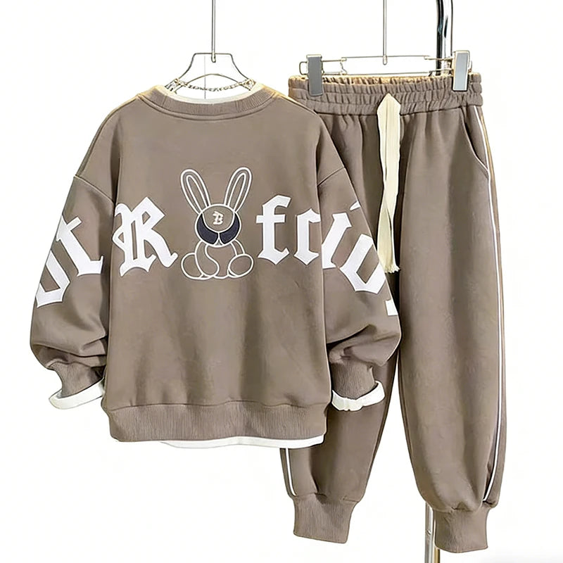 Kids 2 Piece Tracksuit 120-170cm Fake Two Piece Rabbit Print Sweatshirt + Elastic Jogger Pants Casual Loose Sportswear Set Boys