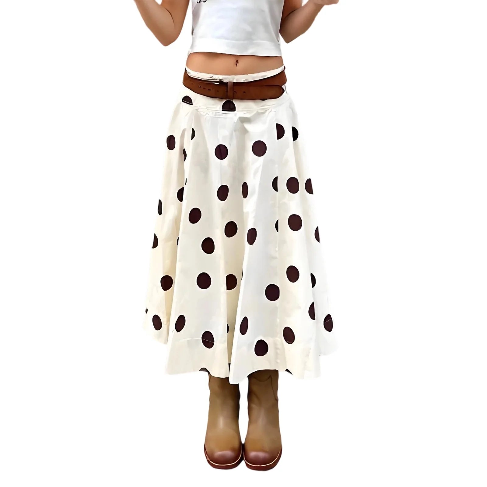 Women White A-Line Skirt Dots Print High Waist Midi Skirt Elegant Swing Skirts for Daily Leisure and Work