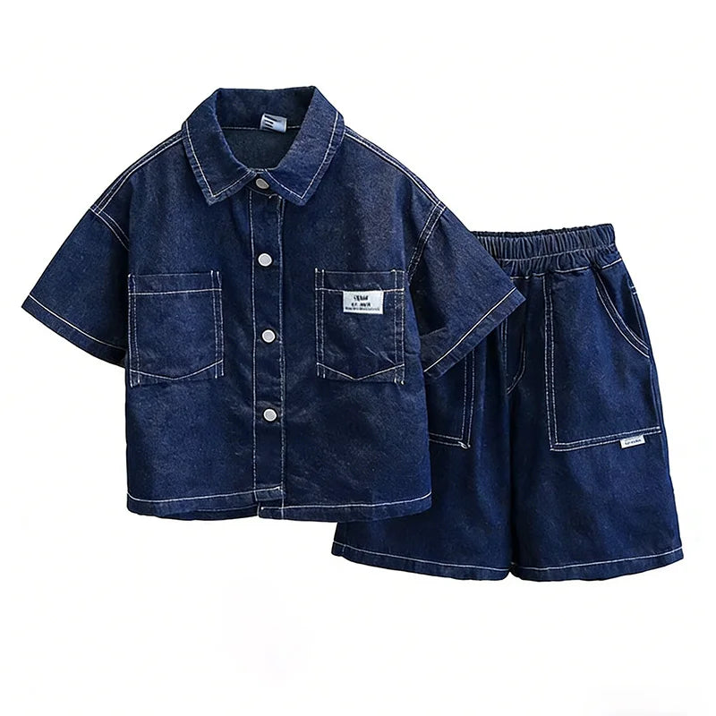 Boys Summer Denim Suit 2026 New Children's Baby Short Sleeved Shirt Shorts Two-piece Set  2Pcs Suits 2-10Years Old Casual Outfit