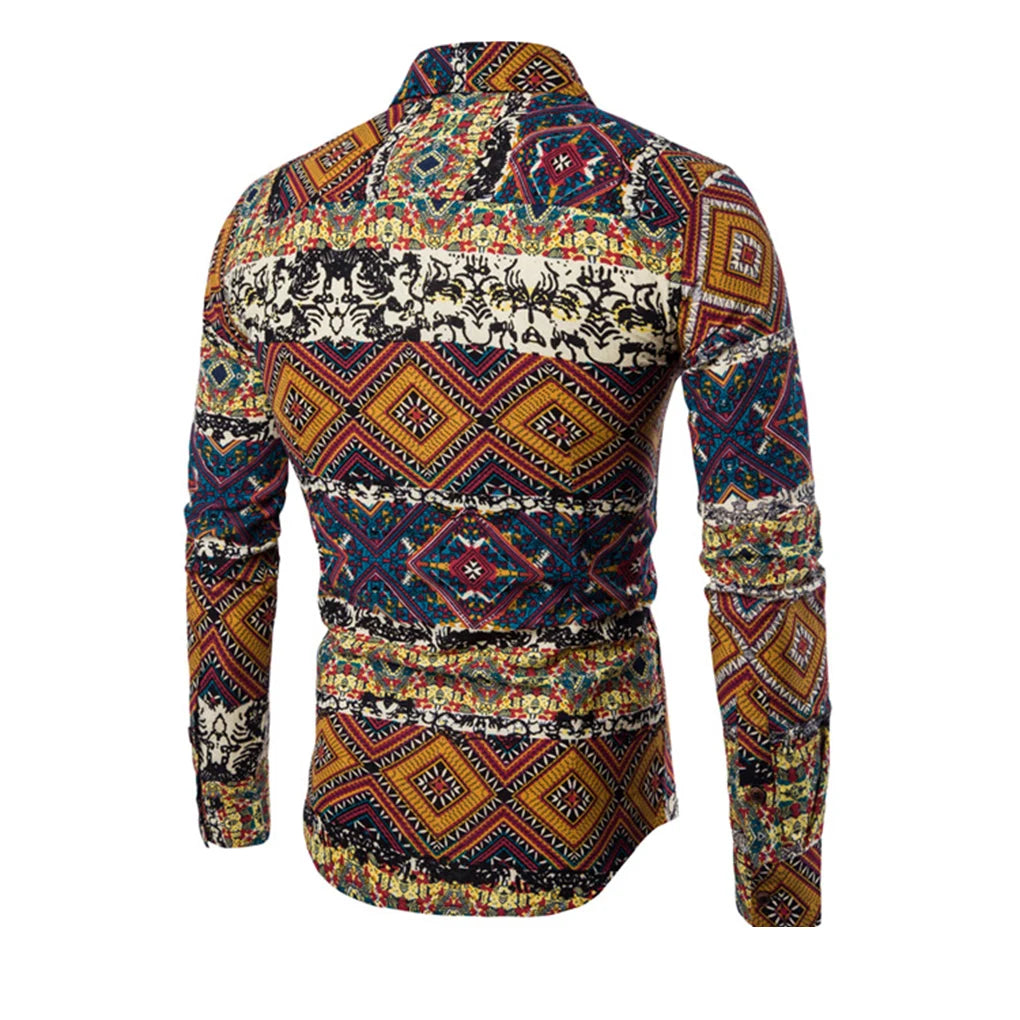 Plus Size Men Floral Print Casual Slim Fit Shirt Turn-down Collar Long Sleeve Shirt