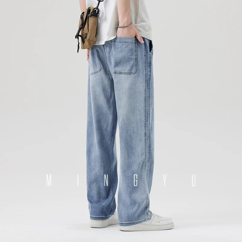 High Quality Spring Summer Lyocell Fabric Men's Jeans Loose Straight Denim Pants Design Blue Casual Trousers Plus Size M-5XL