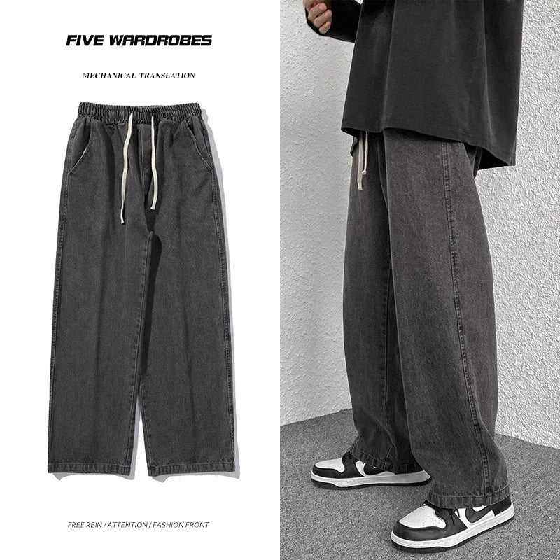 Oversized 5XL Men's Wide-leg Jeans Autumn New Casual Simple Straight Denim Trousers Black Gray Fashion Baggy Streetwear Pants