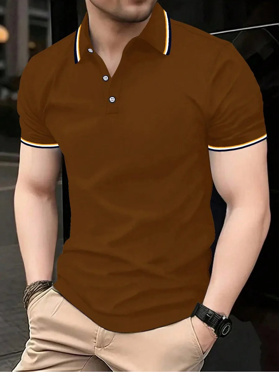 Men's Navy Blue Short Sleeve Casual Polo Shirt with Contrast Trim