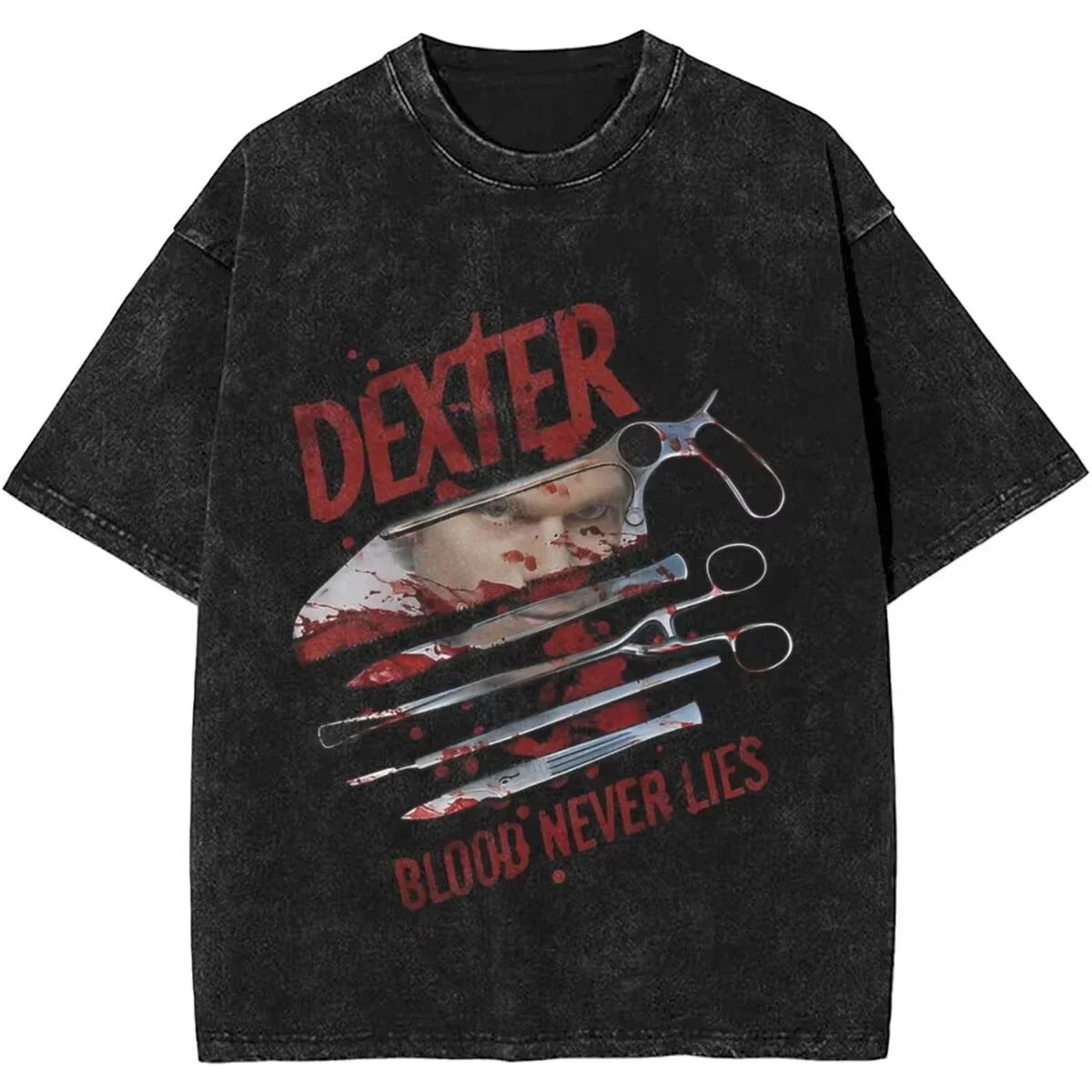 Mens T-Shirt Camisetas Short Sleeved Round Neck Y2k Tshirt New Dexter Morgan Edition Middle Finger Retro Trendy Vintage Washed