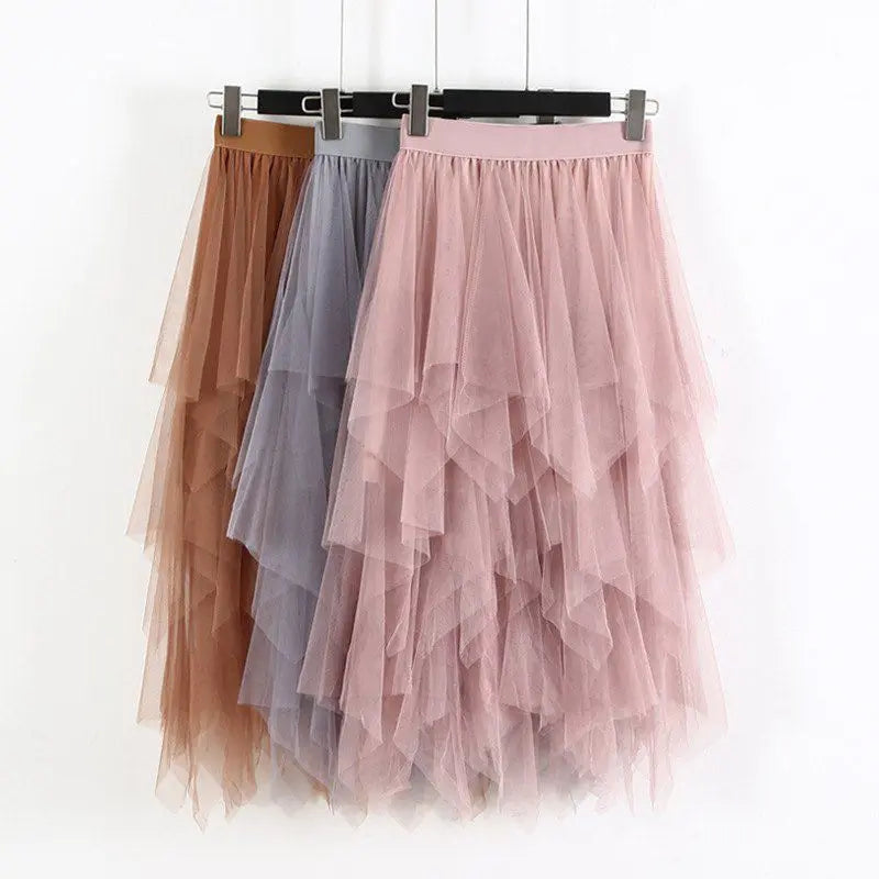 Irregular Mesh Splicing Half Skirt High Waist Mid Length Fairy Skirt, Sweet Versatile Over The Knee Long Skirt For Women