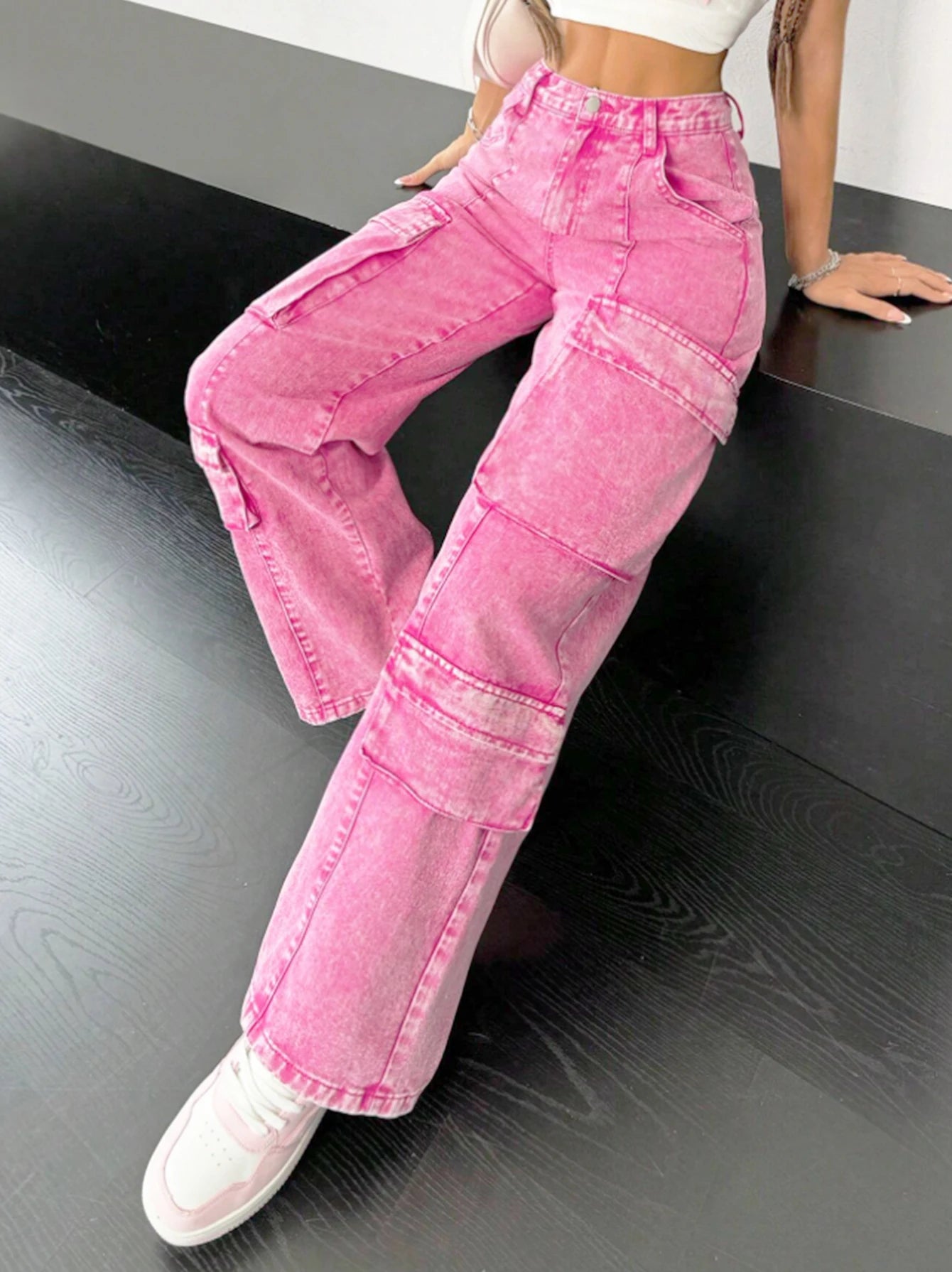 Pink cotton women's wide-leg loose-fitting jeans, multi-pocket Y2K style pink fashionable jeans