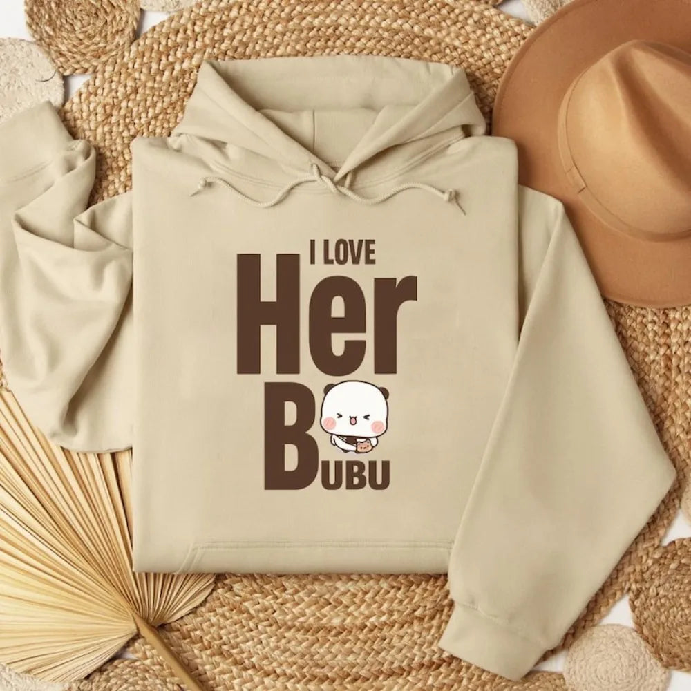 I LOVE HER HIS Bubu Dudu Bear Sweatshirt Cute Matching Couple Hoodies Anniversary Gift Clothing Men Women Casual Daily Life Tops