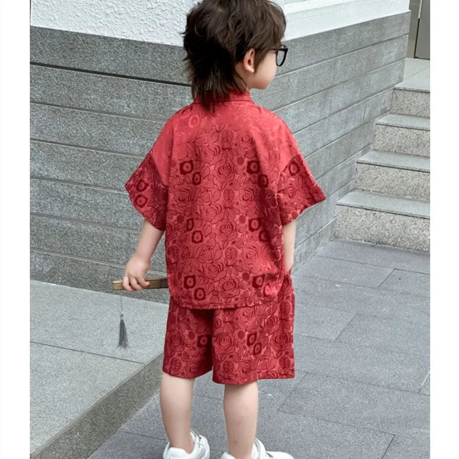 Summer Short Sleeve 2 Piece Set Boys Costume Kids Clothes Casual Boy Outfit Tang Style Hanfu Suit Baby Fashion Children's Sets