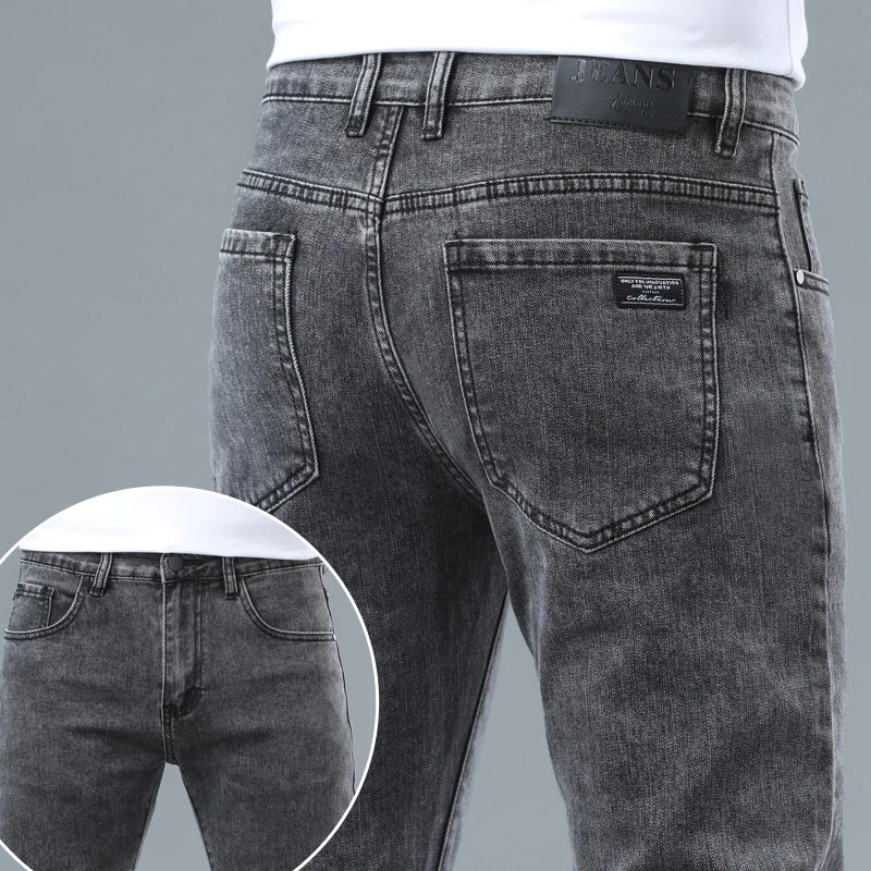 Stretch Pencil Cargo Jeans Gray Men High Street Casual Denim Trousers Fashion Personality Straight Little Feet Men's Pants