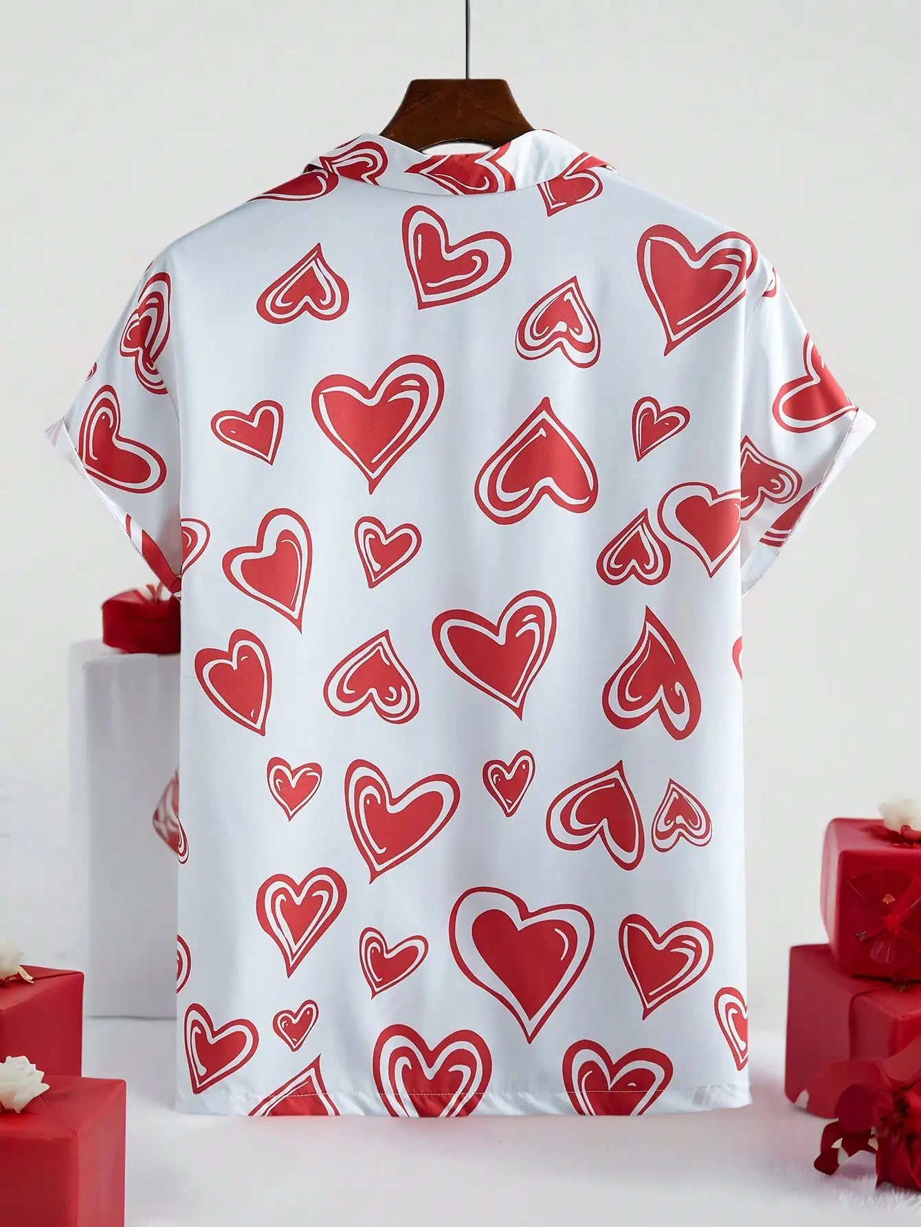 Men's White Short Sleeve Button-Up Shirt with Red Heart Print, Casual Style for Valentine's Day or Gift