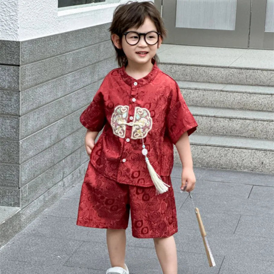 Summer Short Sleeve 2 Piece Set Boys Costume Kids Clothes Casual Boy Outfit Tang Style Hanfu Suit Baby Fashion Children's Sets
