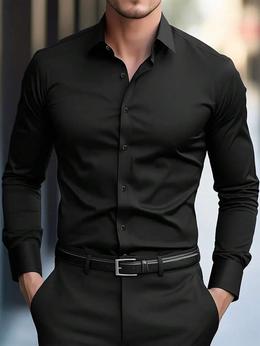 Men's Solid White Long Sleeve Single-Breasted Casual Commuter Shirt