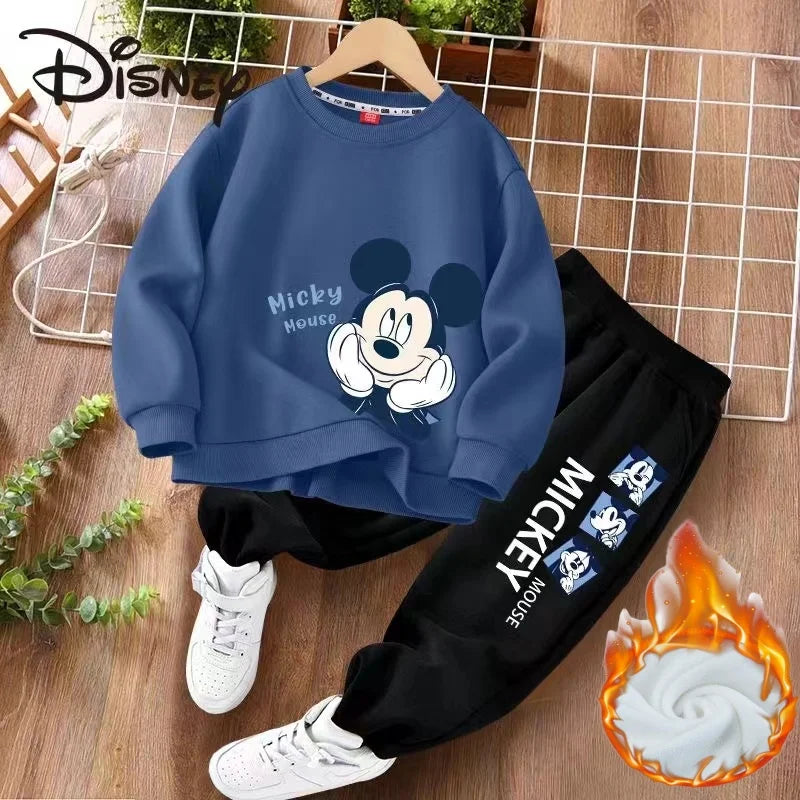 Winter Baby Girl Clothes Set Kid Boy Disney Mickey Sweatshirts Pullover & Pants 2pcs Suit Children Long Sleeve Plush Warm Suit