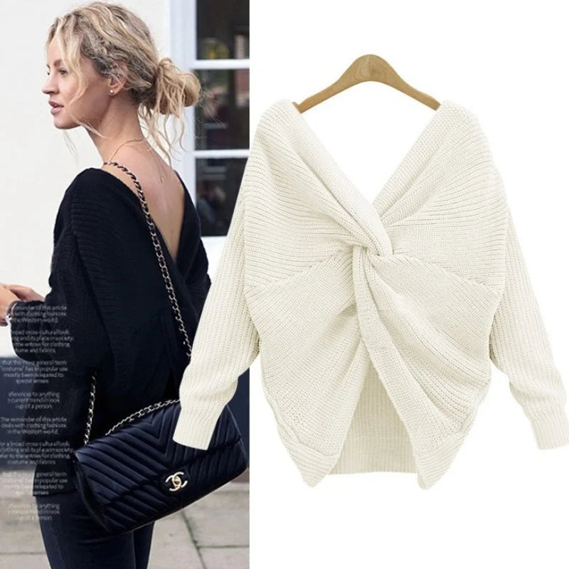 Women Autumn Winter V-neck Sweater Sexy Backless Reversible Pullovers Tops New Fashion Solid Irregular Cross-knotting Knitwear